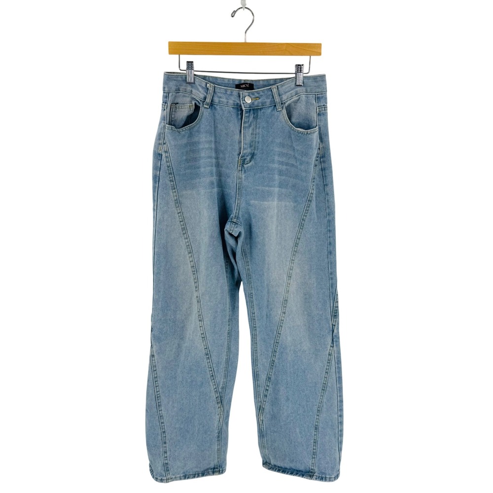 MICAS Wide Leg Jeans Light Wash High Rise Size L Diagonal Seam Streetwear Retro